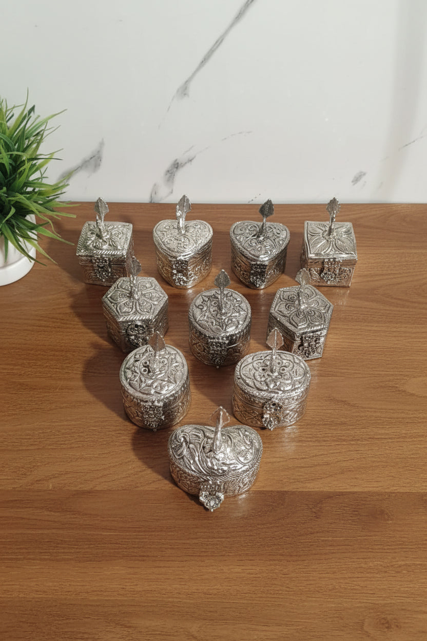 German Silver Carving Dabbi with Peacock – Small Size Set of 10 Pooja & Gift Items