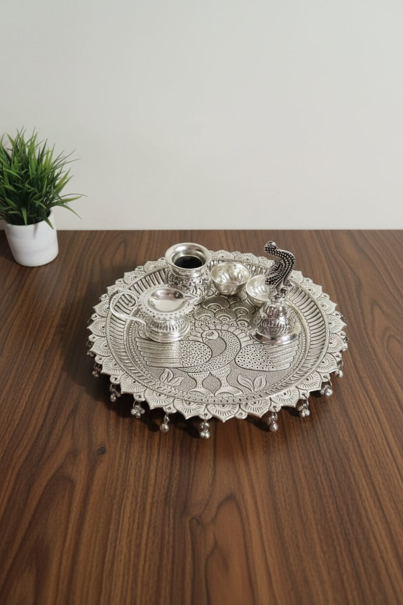 German Silver Antique Finish Peacock Carving Pooja Thali – Heavy Gauge Handmade Ritual Plate