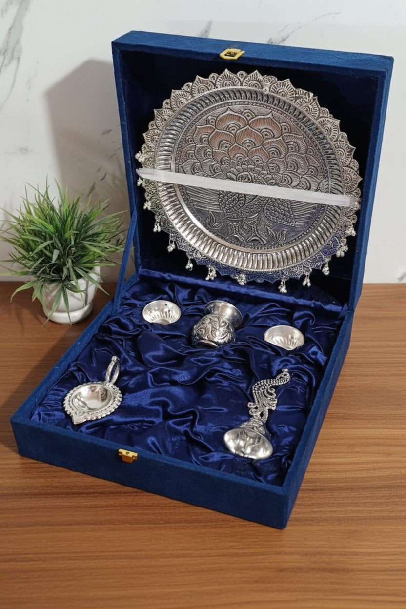 German Silver Antique Finish Peacock Carving Pooja Thali – Heavy Gauge Handmade Ritual Plate