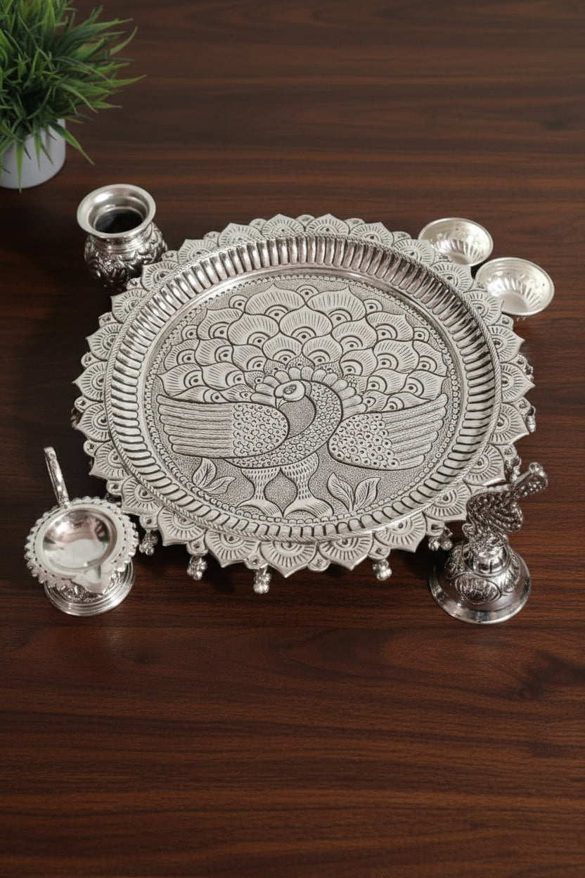 German Silver Antique Finish Peacock Carving Pooja Thali – Heavy Gauge Handmade Ritual Plate
