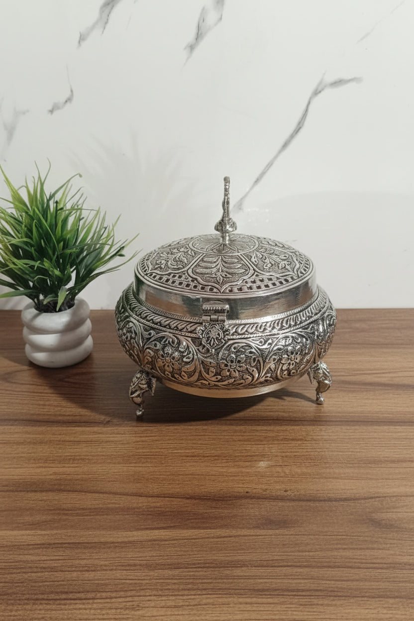 German Silver Fully Carved Multi Purpose Box – Jewelry, Dry Fruit, Sweets, Snacks & Gift Box
