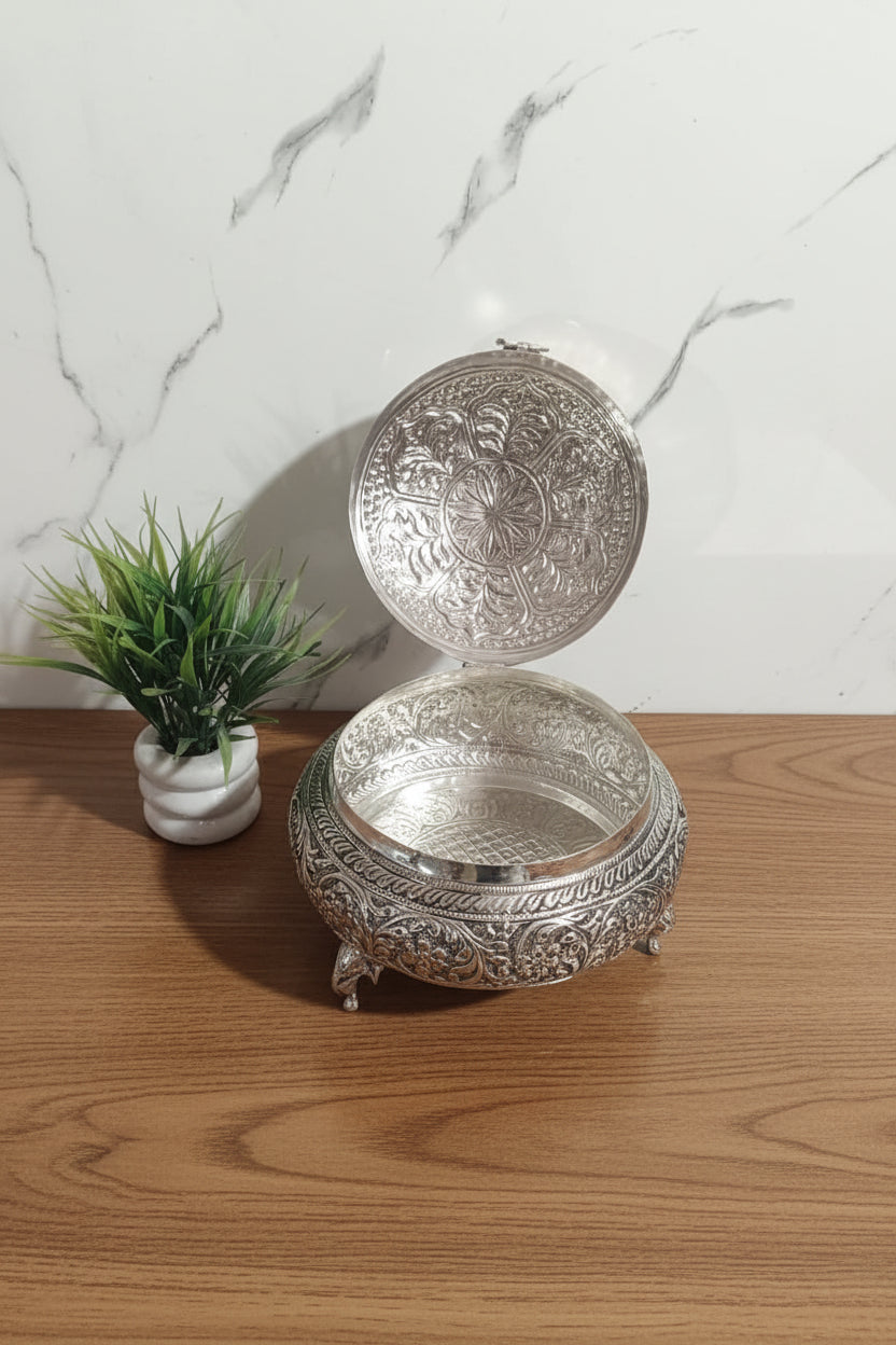 German Silver Fully Carved Multi Purpose Box – Jewelry, Dry Fruit, Sweets, Snacks & Gift Box