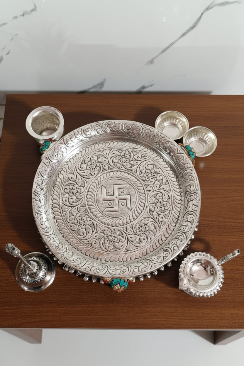 German Silver Antique Finish Elephant Leg Pooja Thali – Stone Work with Velvet Gift Box