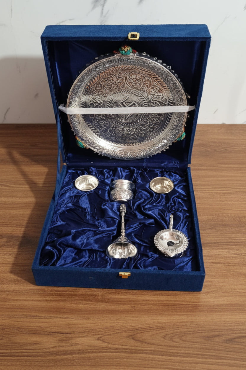German Silver Antique Finish Elephant Leg Pooja Thali – Stone Work with Velvet Gift Box