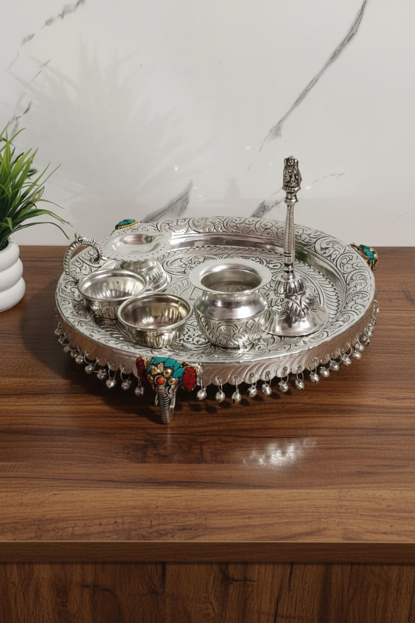 German Silver Antique Finish Elephant Leg Pooja Thali – Stone Work with Velvet Gift Box
