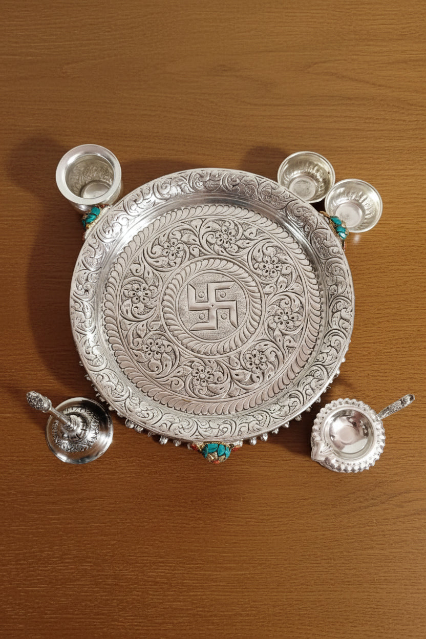 German Silver Antique Finish Elephant Leg Pooja Thali – Stone Work with Velvet Gift Box