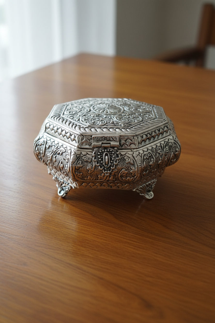 German Silver Antique Finish Hexagon Dry Fruit Box – Handcrafted Gift & Pooja Accessory