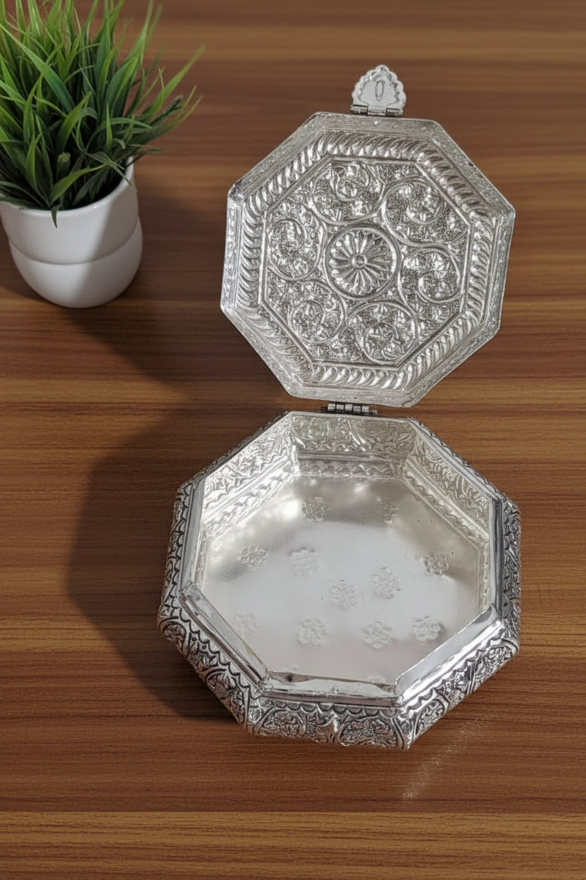 German Silver Antique Finish Hexagon Dry Fruit Box – Handcrafted Gift & Pooja Accessory