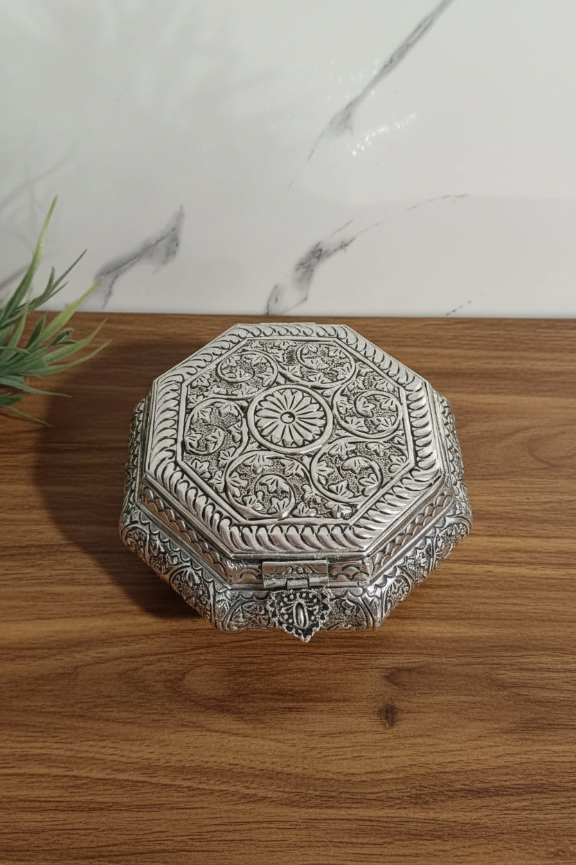 German Silver Antique Finish Hexagon Dry Fruit Box – Handcrafted Gift & Pooja Accessory