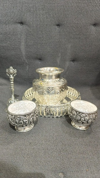 German silver combo pooja thali set of 4 pieces for diwali pooja/houswarming