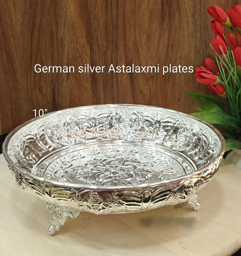German Silver 10" Fully Carved astha lakshmi Tray –  Serving & Pooja Plate for Fruits, Offerings & Gifting