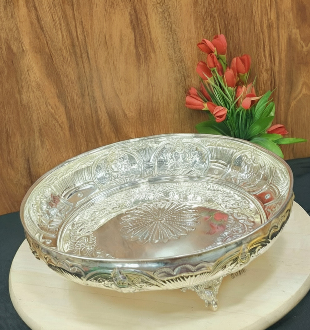 German Silver 12" Fully Carved astha lakshmi Tray –  Serving & Pooja Plate for Fruits, Offerings & Gifting