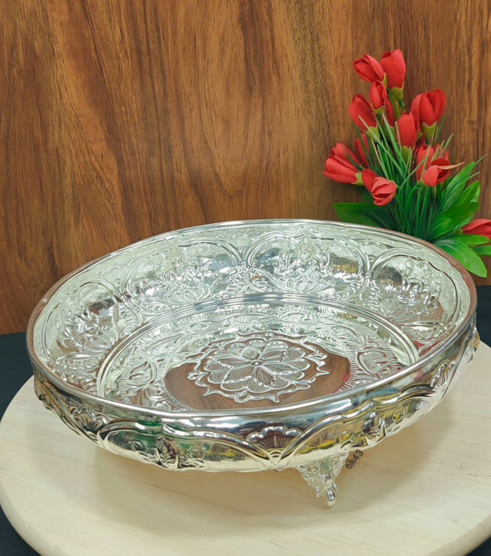 German Silver 11" Fully Carved astha lakshmi Tray –  Serving & Pooja Plate for Fruits, Offerings & Gifting