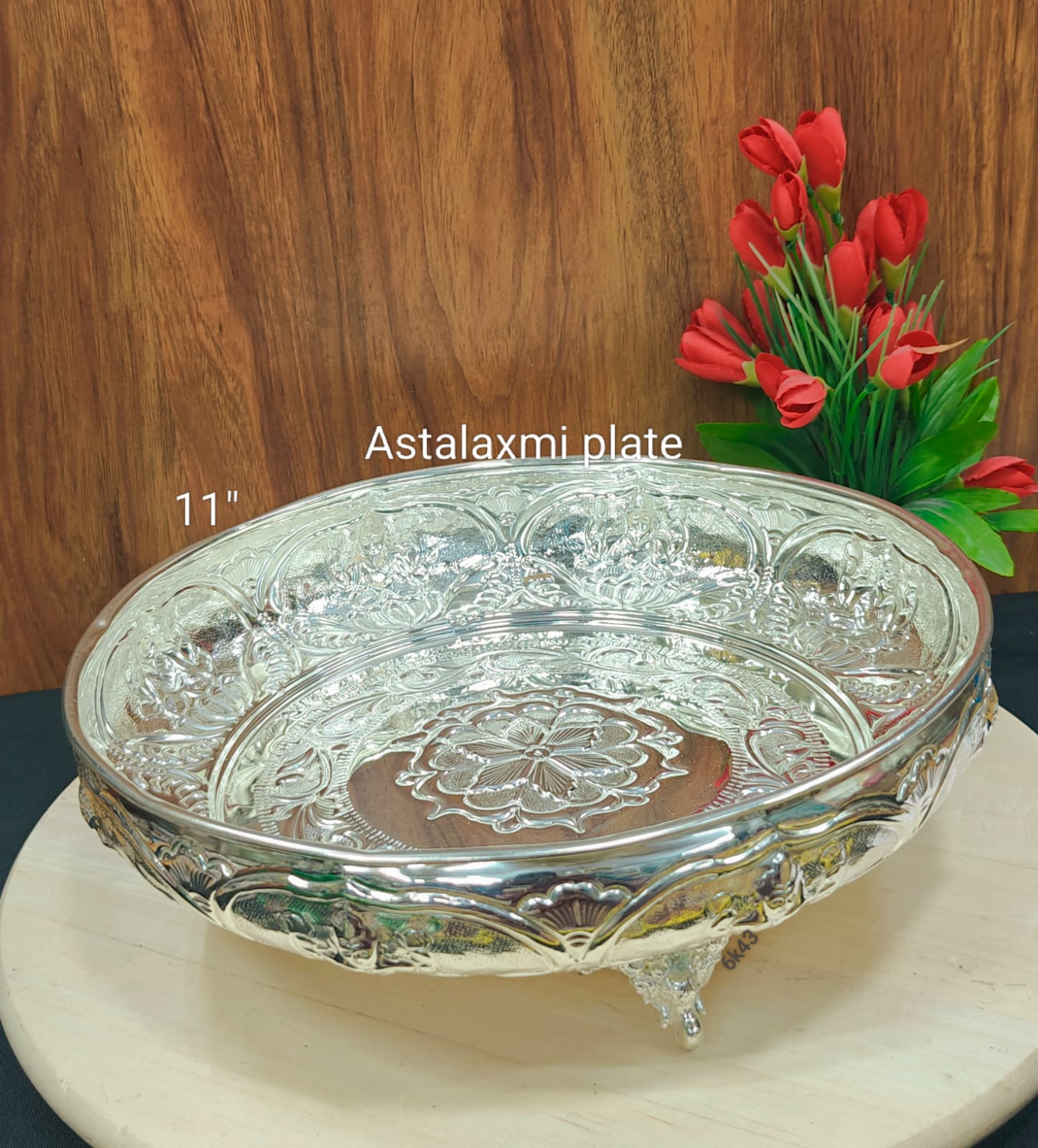 German Silver 11" Fully Carved astha lakshmi Tray –  Serving & Pooja Plate for Fruits, Offerings & Gifting