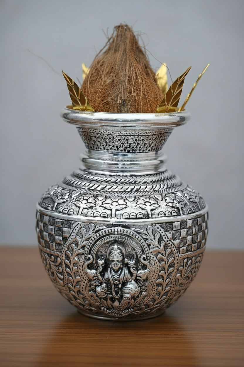 German Silver Antique Finish lakshmi Kalash – 8-Inch Sacred Pot for Pooja, Temple Décor & Auspicious Gifting