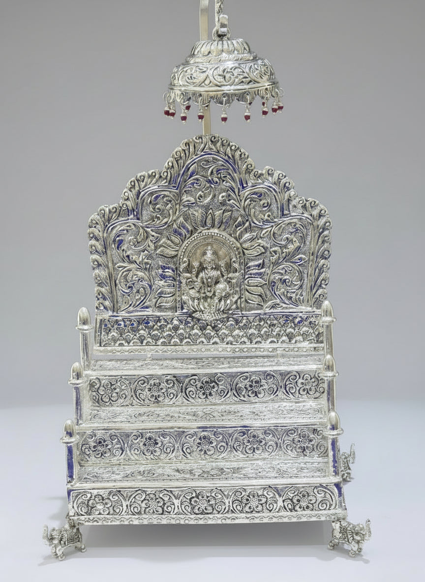 German Silver Lakshmi Engraved 3-Step Singhasan with Elephant Legs  Temple Throne