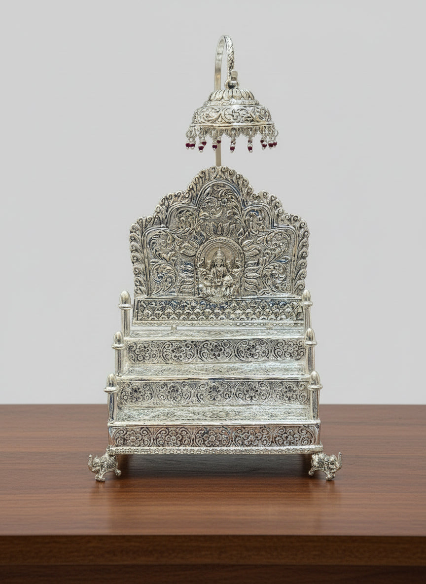 German Silver Lakshmi Engraved 3-Step Singhasan with Elephant Legs  Temple Throne