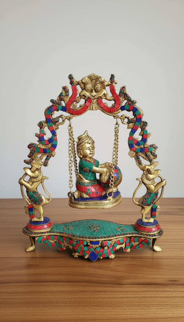 Brass Krishna Jhula with Stone Work  krishan  Swing/ Jhoola Janmashtami Decor  Pooja Gift