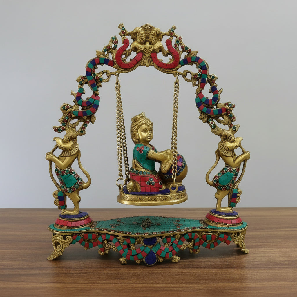 Brass Krishna Jhula with Stone Work  krishan  Swing/ Jhoola Janmashtami Decor  Pooja Gift