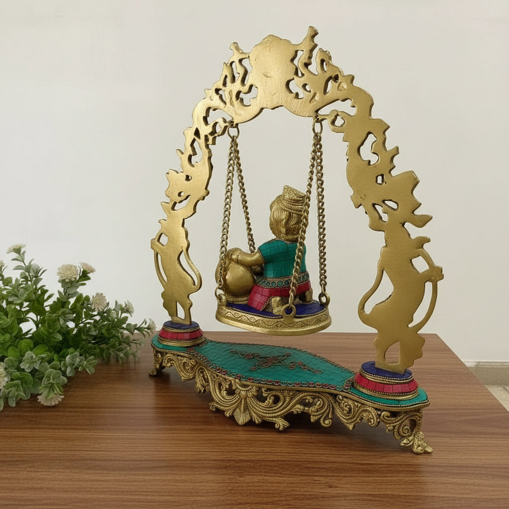 Brass Krishna Jhula with Stone Work  krishan  Swing/ Jhoola Janmashtami Decor  Pooja Gift