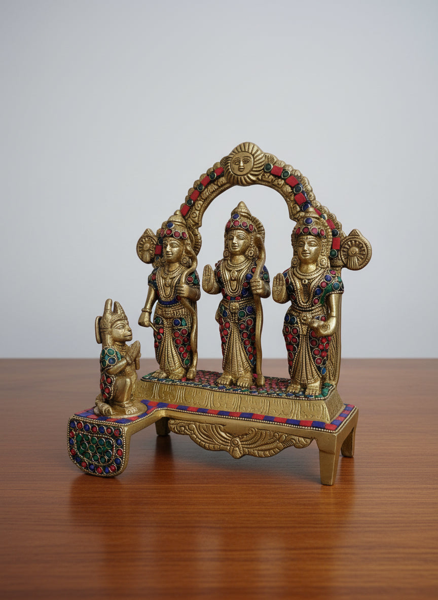 Brass Ram Darbar Idol with Stone Work  Ram Sita Lakshman Hanuman Murti  Temple Decor  Diwali Gift