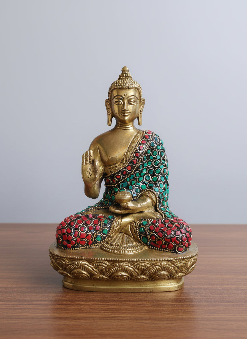 Brass Buddha Statue with Stone Work  Meditating Buddha Idol