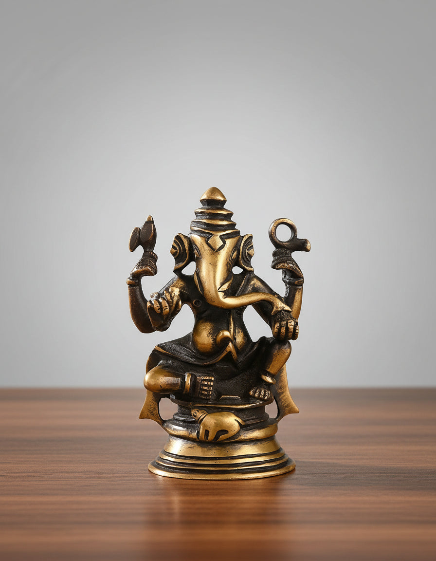Brass Ganesh Idol with Antique Finish  Vighnaharta Murti  Pooja Room Decor