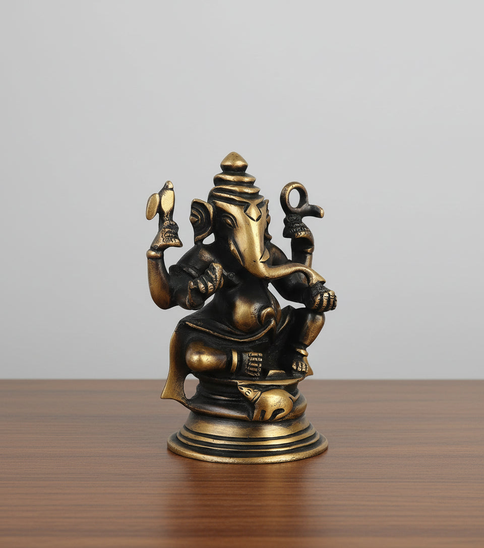 Brass Ganesh Idol with Antique Finish  Vighnaharta Murti  Pooja Room Decor