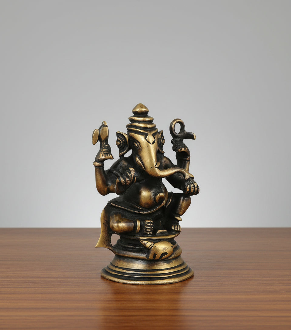 Brass Ganesh Idol with Antique Finish  Vighnaharta Murti  Pooja Room Decor