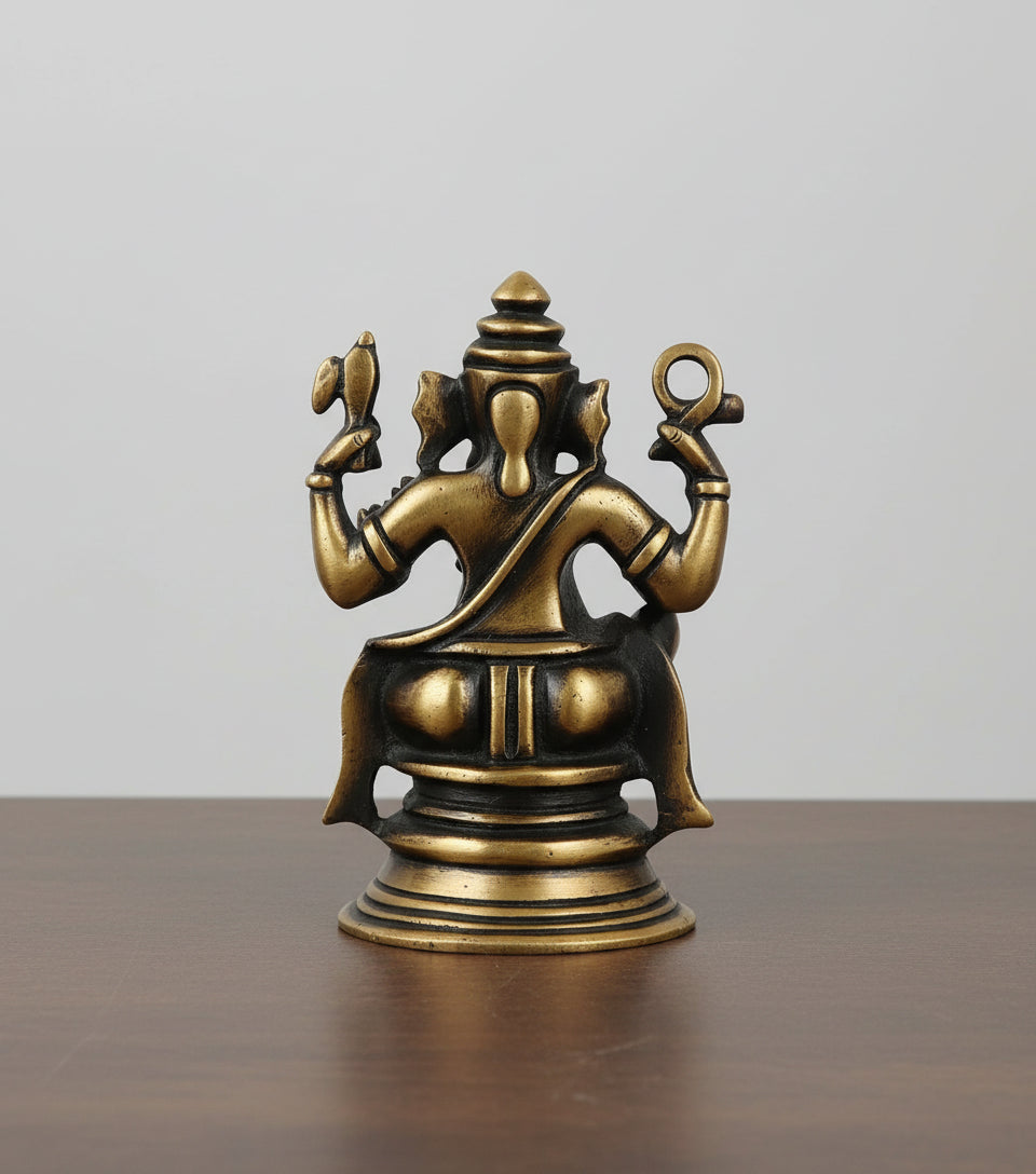Brass Ganesh Idol with Antique Finish  Vighnaharta Murti  Pooja Room Decor