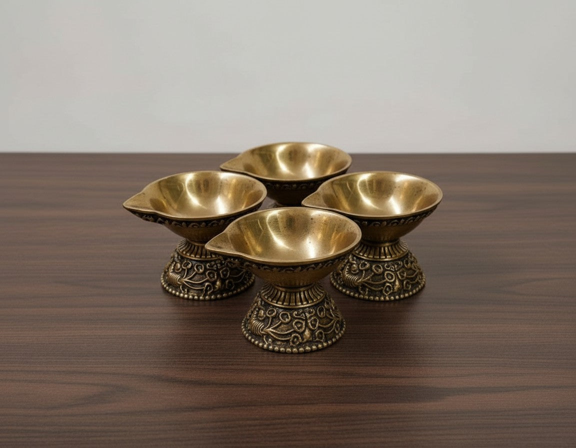 Brass Diya Set of 4  Handcrafted Oil Lamps  Pooja Decor  Diwali Gift