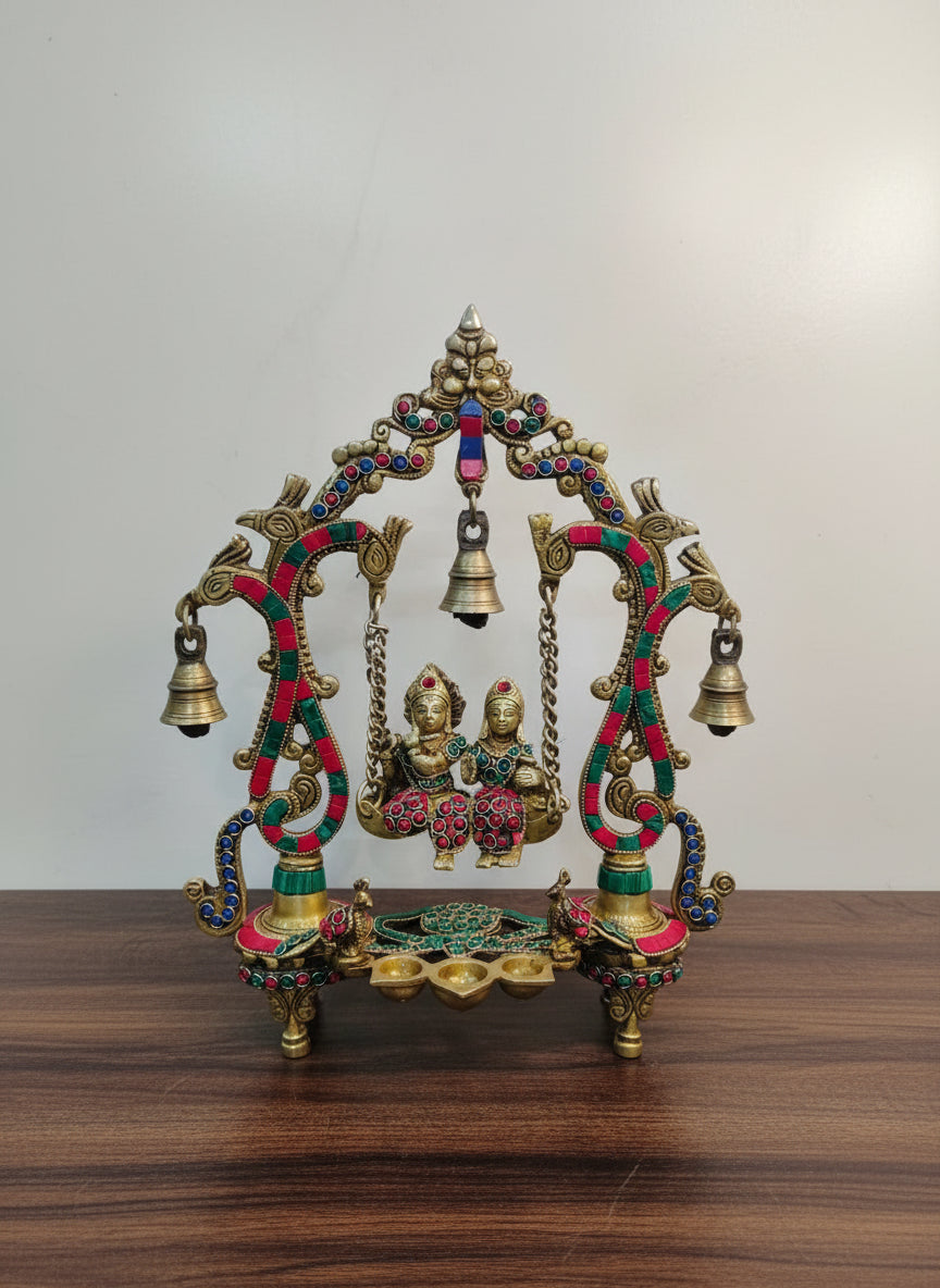 Brass Radha Krishna on Swing with Stone Work  Jhoola Murti