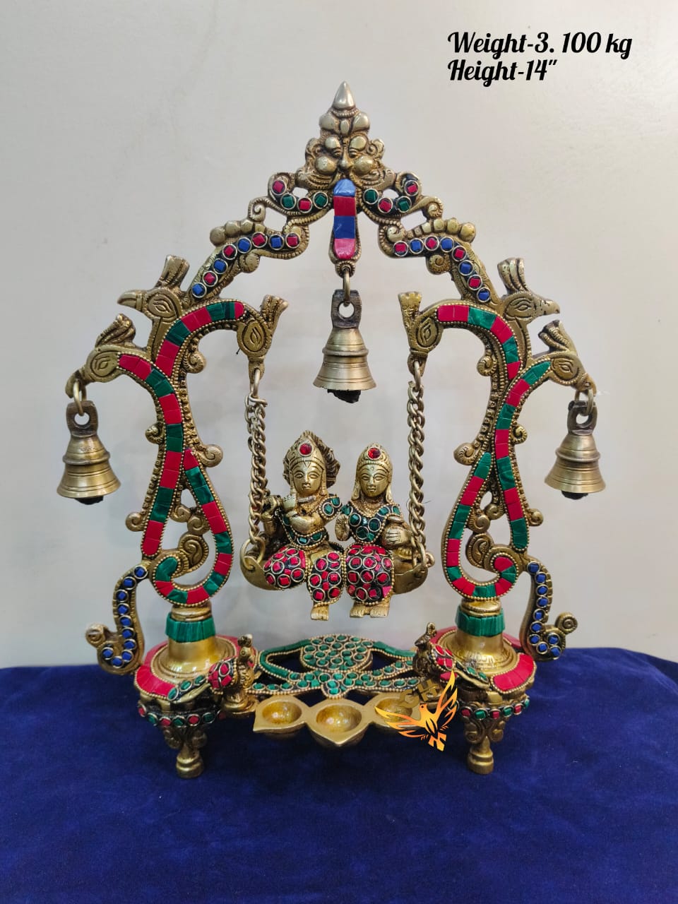 Brass Radha Krishna on Swing with Stone Work  Jhoola Murti