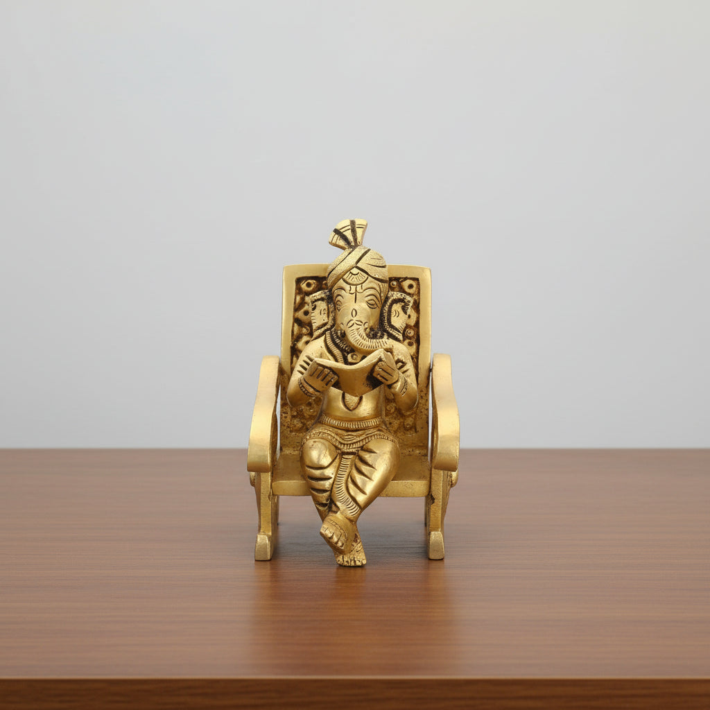 Brass Ganesh Reading Book on Chair  Vidya Ganapati Idol
