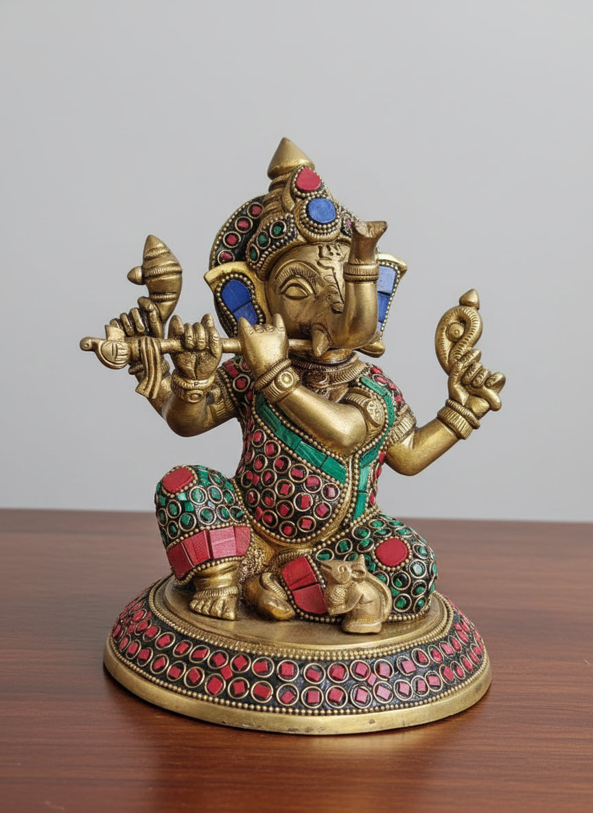 Brass Ganesh Playing Flute Idol with Stone Work  Musical Ganesha Murti