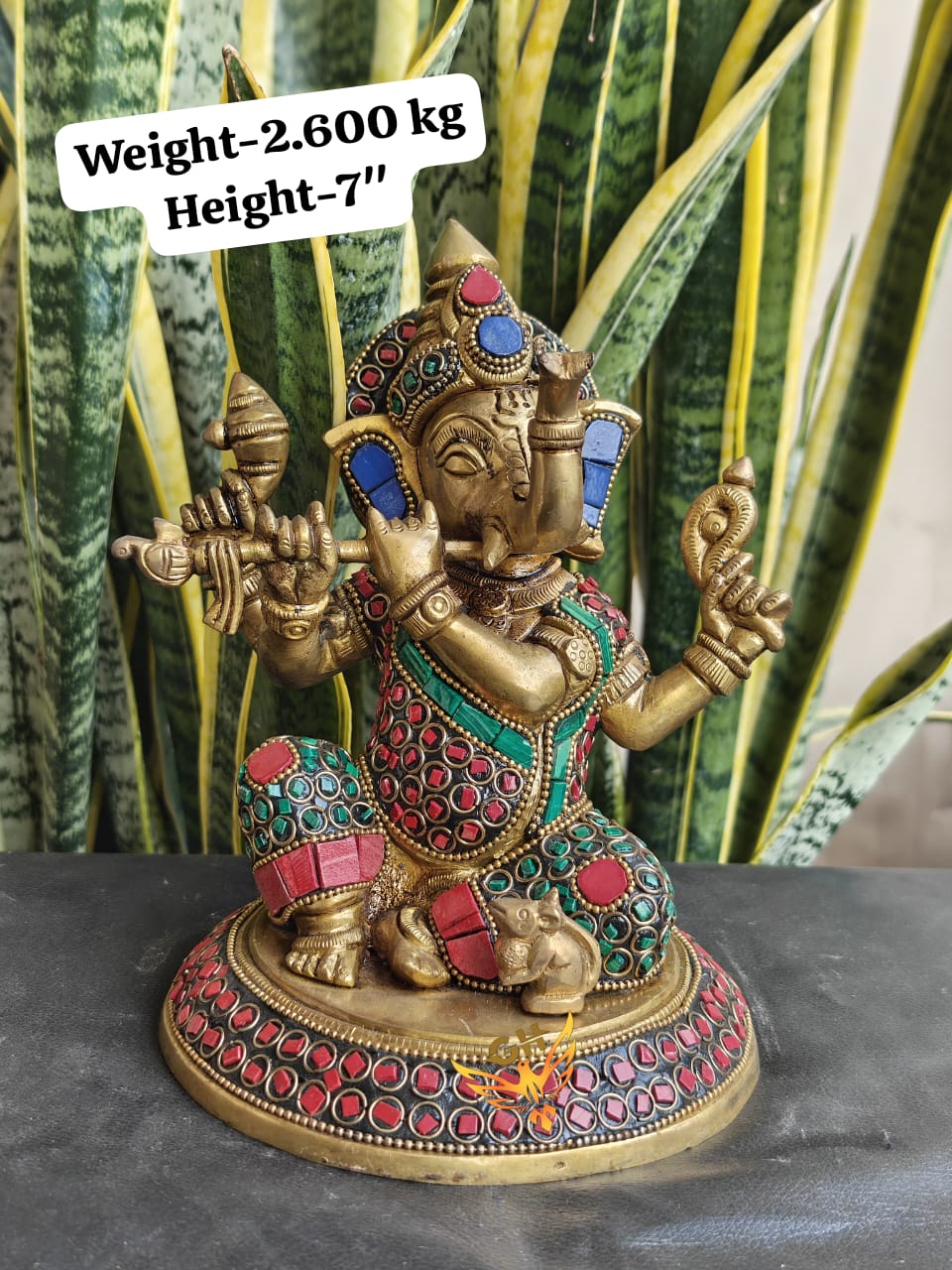 Brass Ganesh Playing Flute Idol with Stone Work  Musical Ganesha Murti