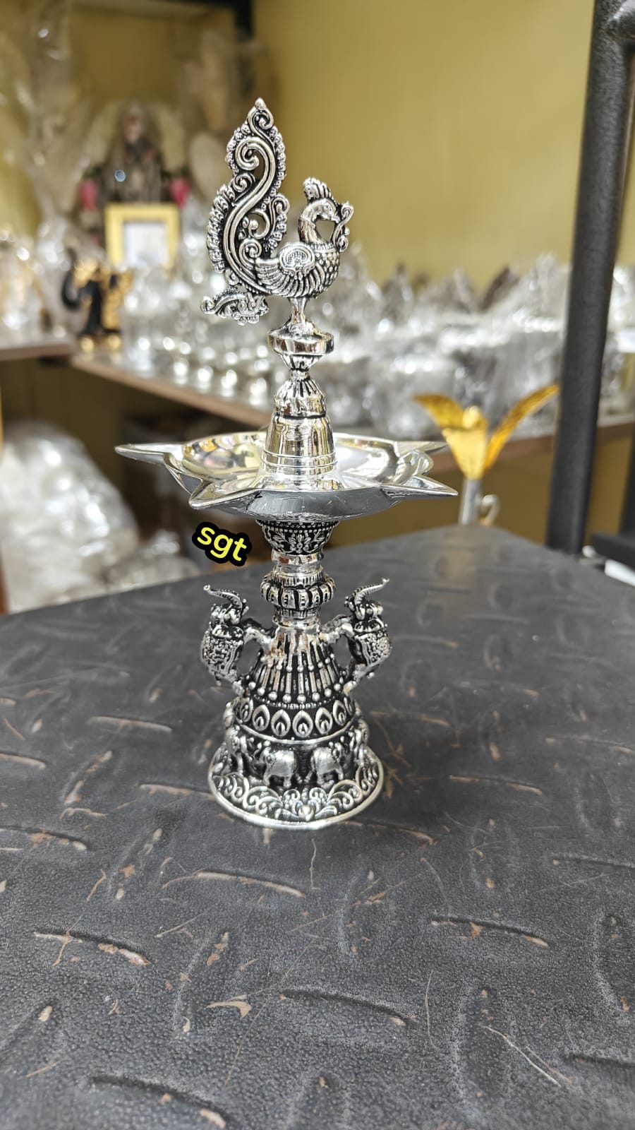 silver plated Peacock with Elephants Diya Set of 2 Pieces