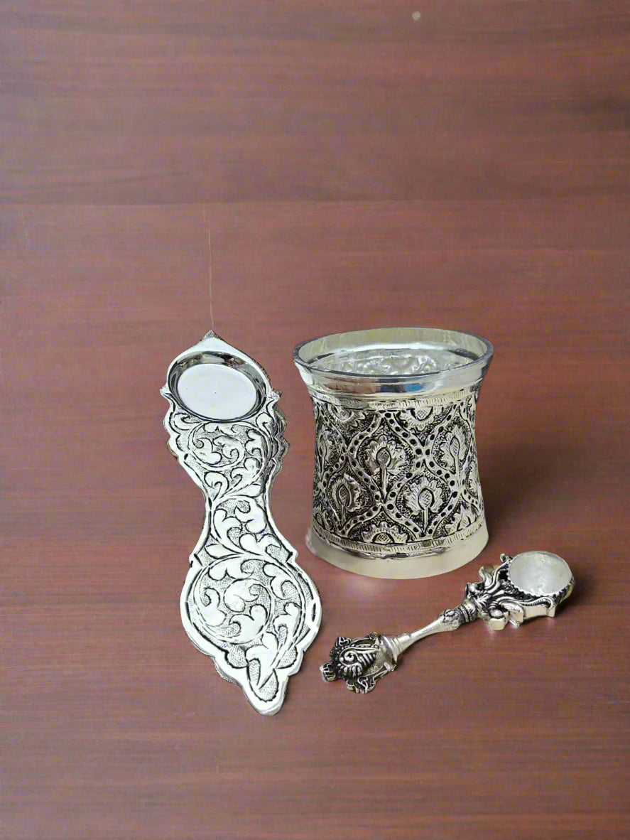 german silver antique finish panchpatra with shaunku chakra spoon and ekharthi for pooja