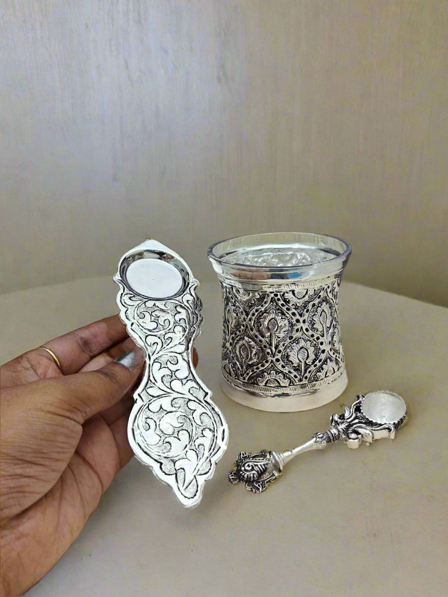 german silver antique finish panchpatra with shaunku chakra spoon and ekharthi for pooja