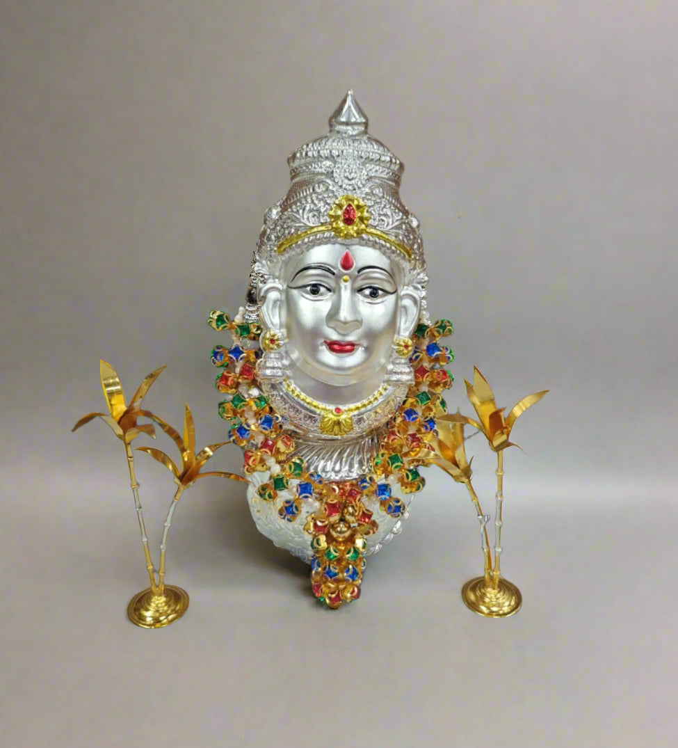 german silver vara lakshmi pooja set - kalash, lakshmi face, mala, banana tree
