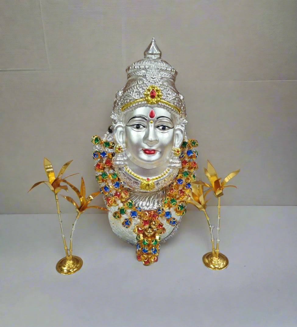 german silver vara lakshmi pooja set - kalash, lakshmi face, mala, banana tree