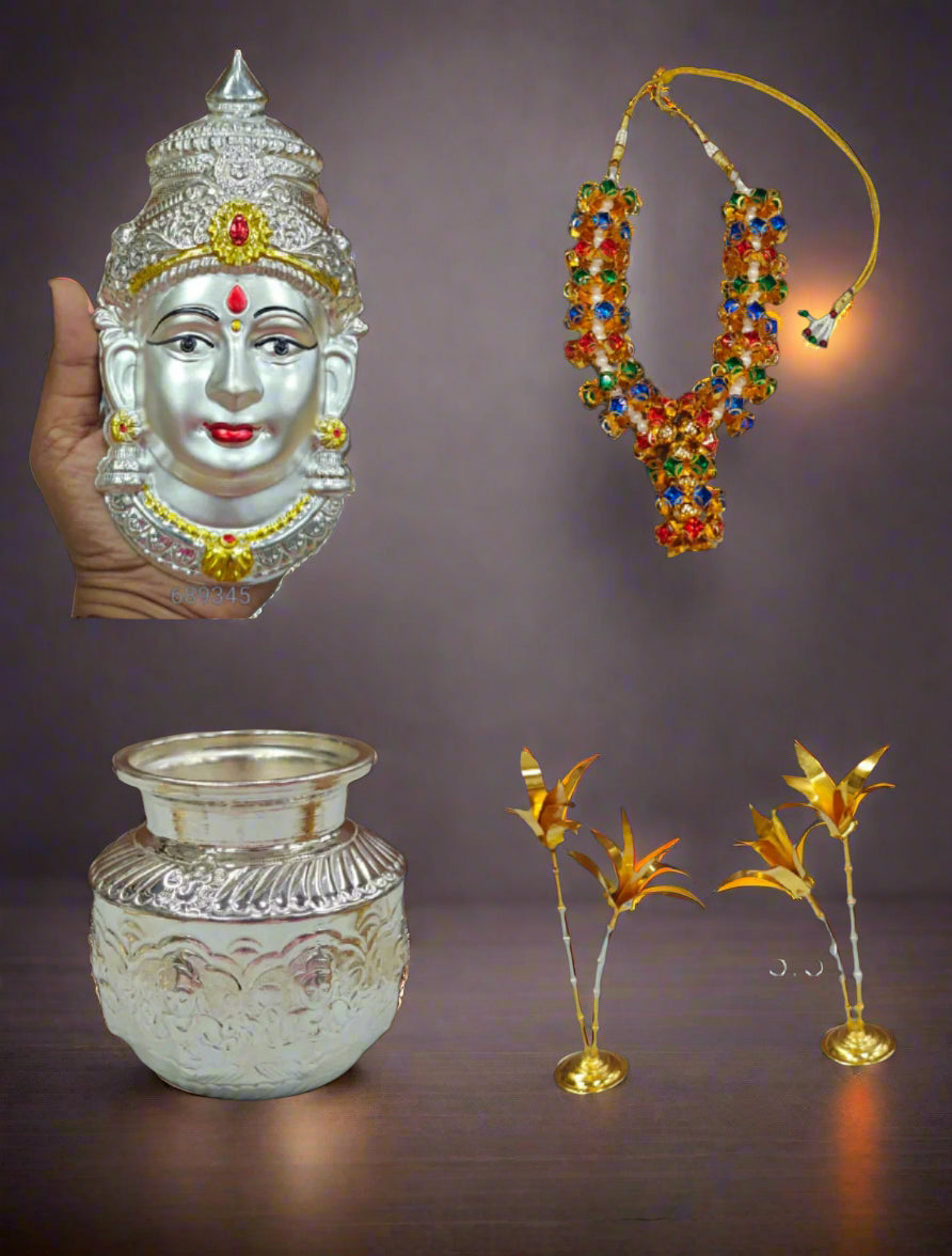 german silver vara lakshmi pooja set - kalash, lakshmi face, mala, banana tree