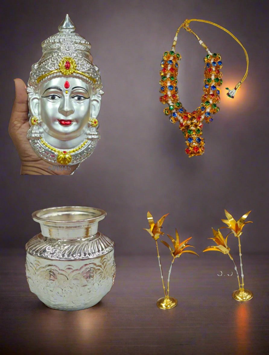 german silver vara lakshmi pooja set - kalash, lakshmi face, mala, banana tree