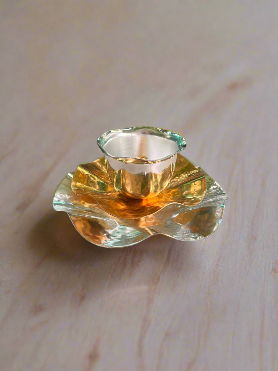 german silver silver and golden color lotus diya with velvet gift box, 1 piece