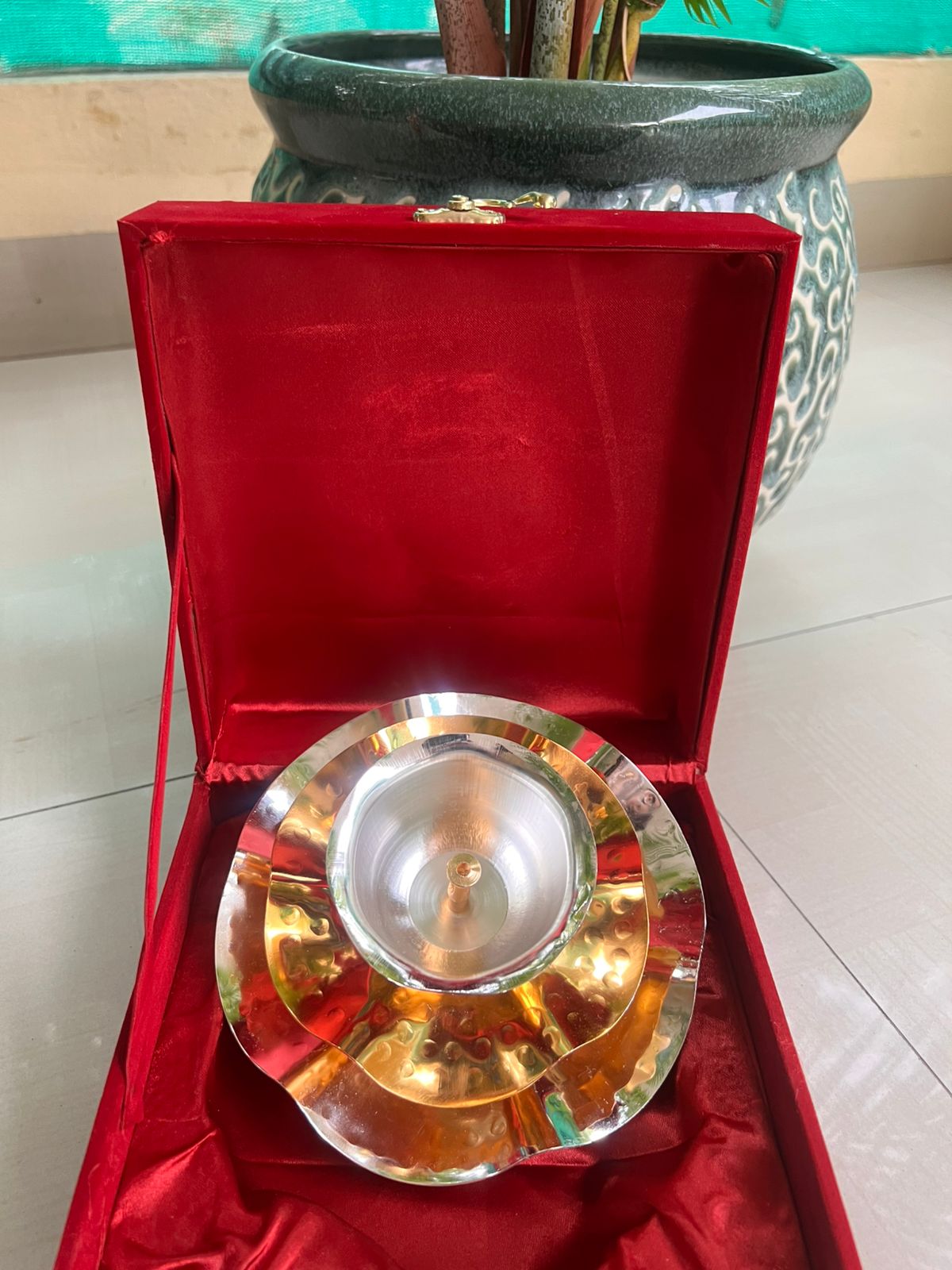 german silver silver and golden color lotus diya with velvet gift box, 1 piece
