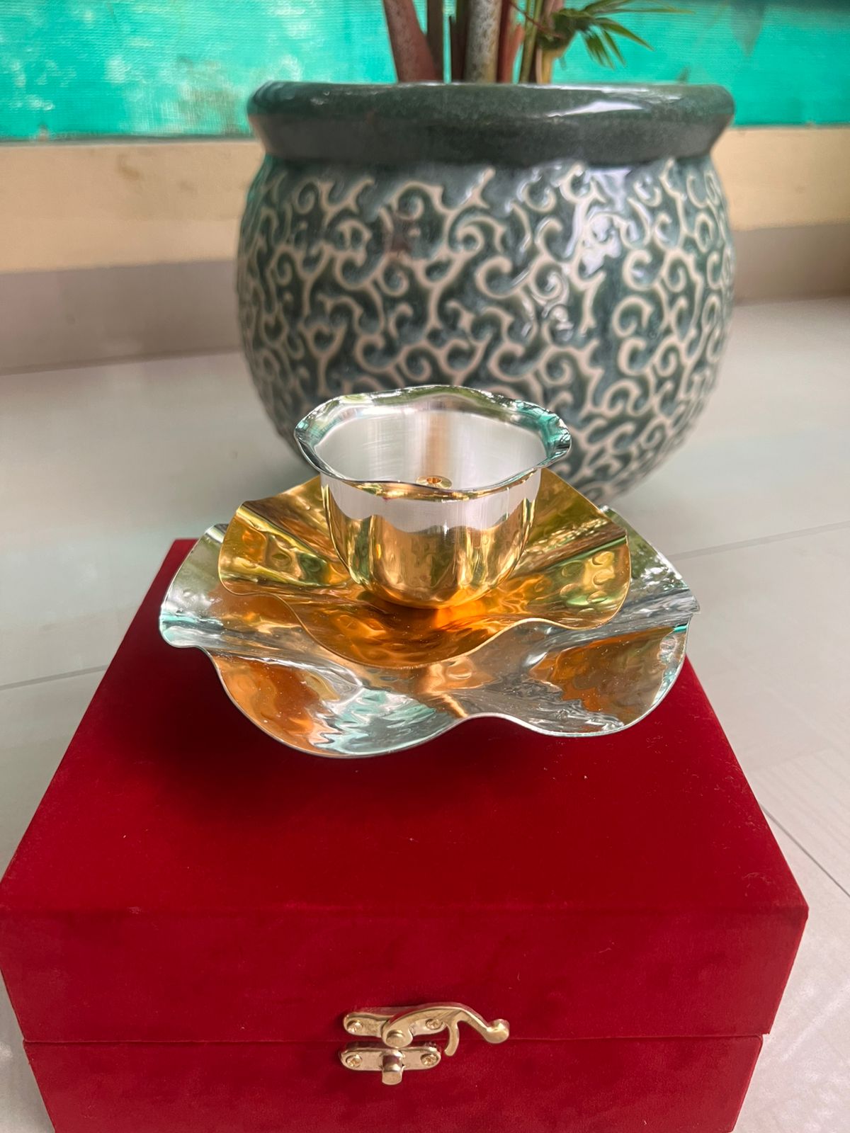 german silver silver and golden color lotus diya with velvet gift box, 1 piece