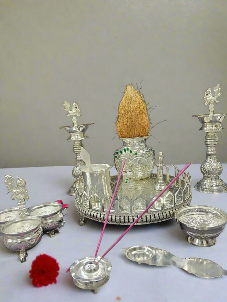 German silver full pooja thali set of 11 pieces