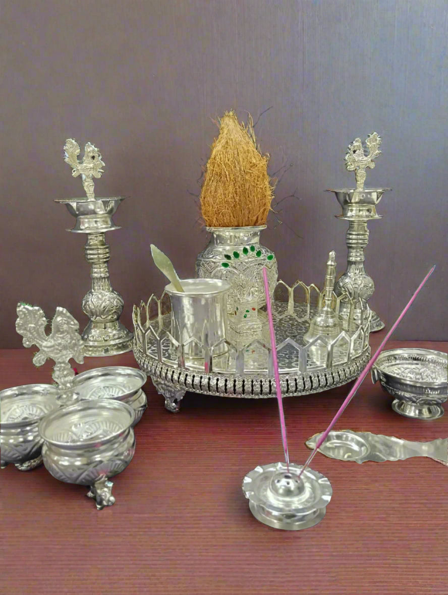 German silver full pooja thali set of 11 pieces