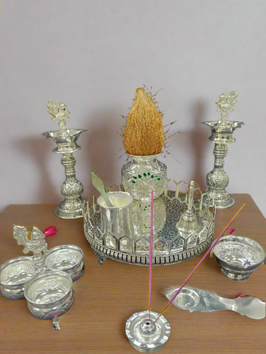 German silver full pooja thali set of 11 pieces