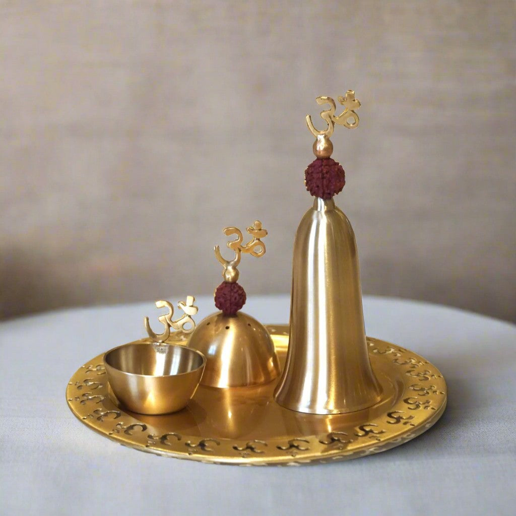 brass set of 4 pieces om pooja thali set for housewarming pooja/ diwali